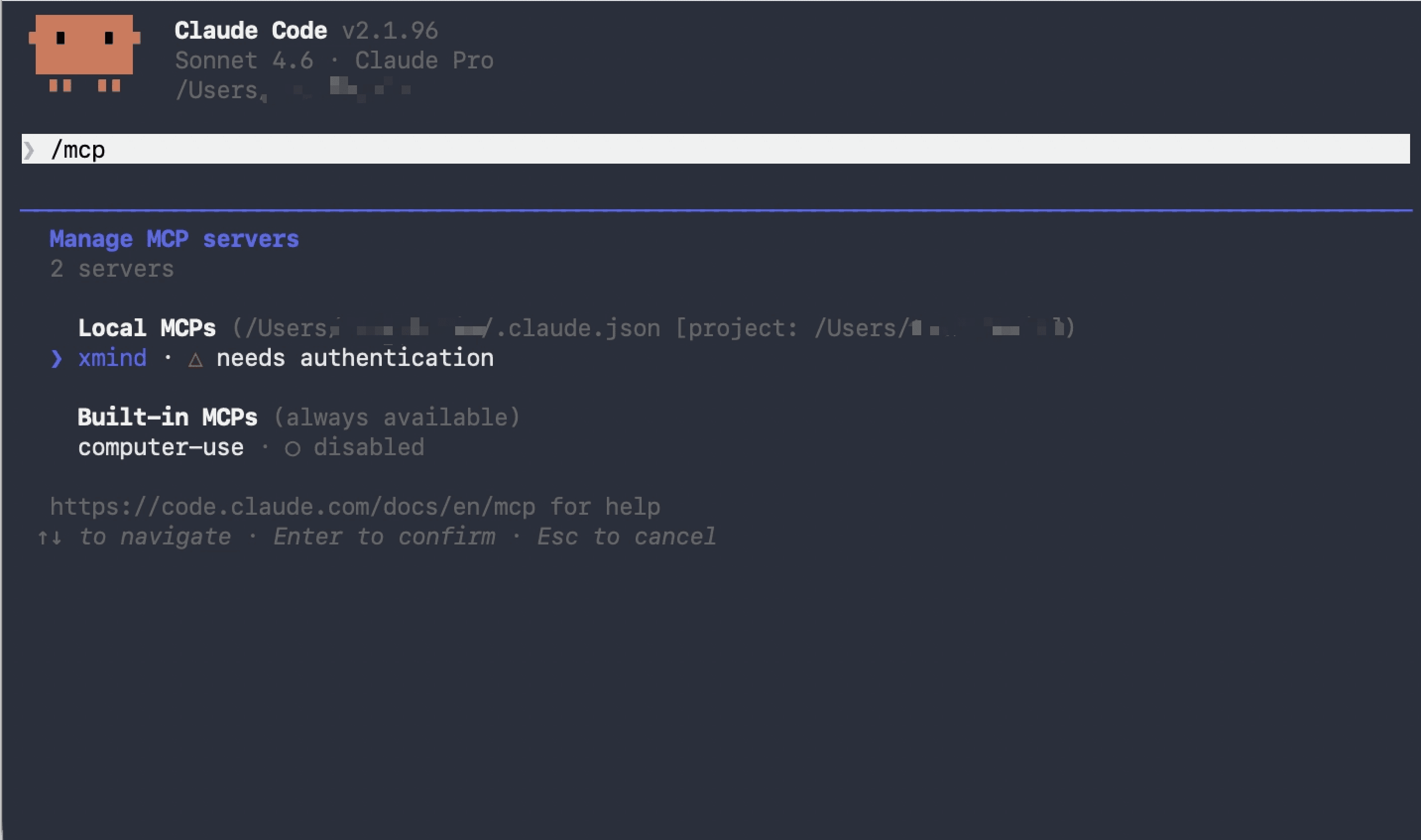 Claude Code terminal flow showing the Xmind MCP Server added with the command.