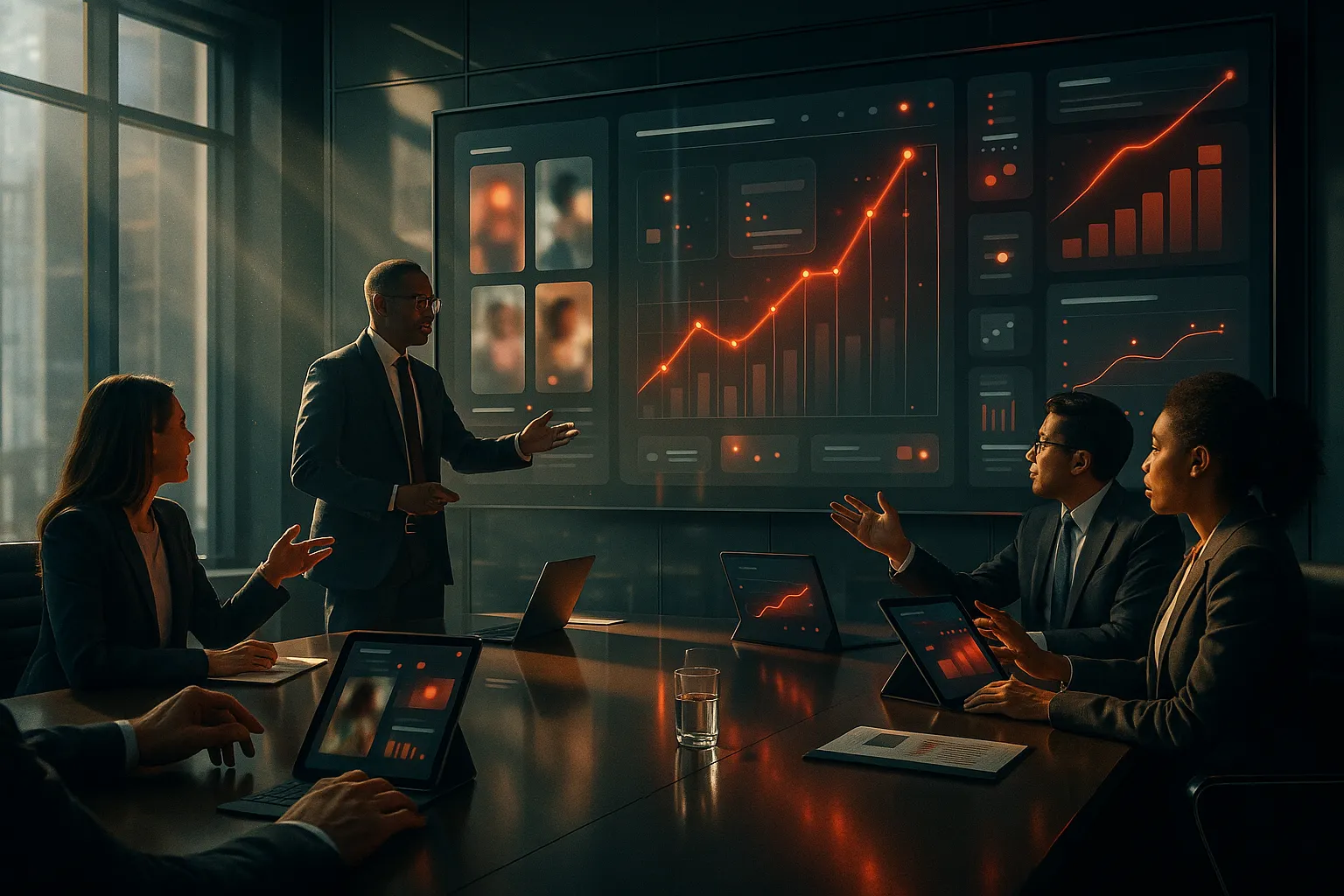 Meeting at RockN' Socials Digital Marketing Agency with data on screen.