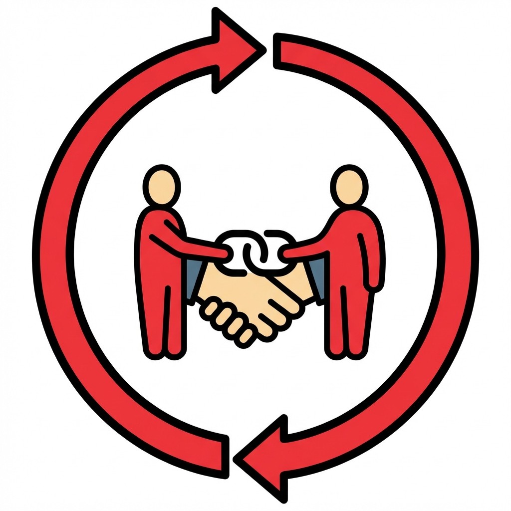 Zwei Figuren beim Handschlag, verbunden durch Kettenglieder, umgeben von zwei roten Pfeilen im Kreis.