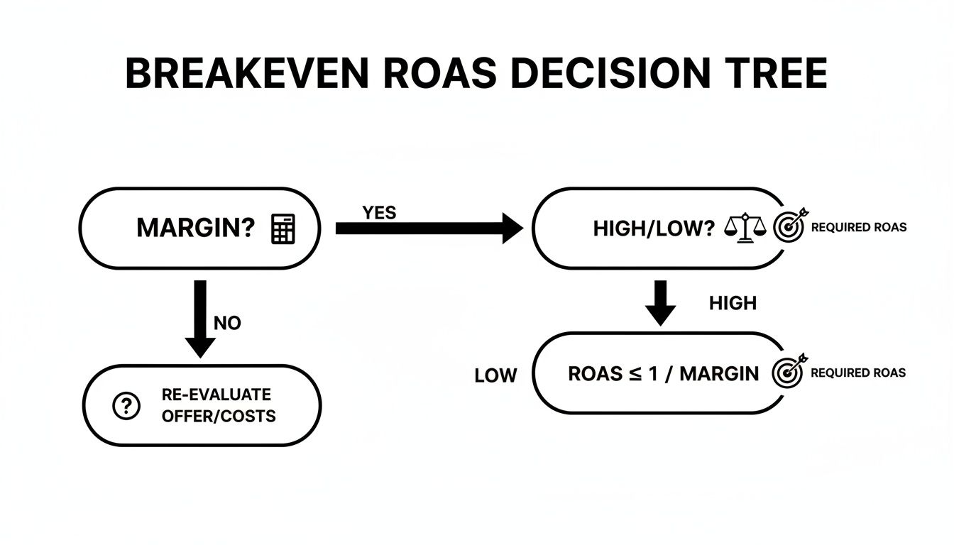 A breakeven ROAS decision tree flowchart illustrating margin evaluation and required ROAS.