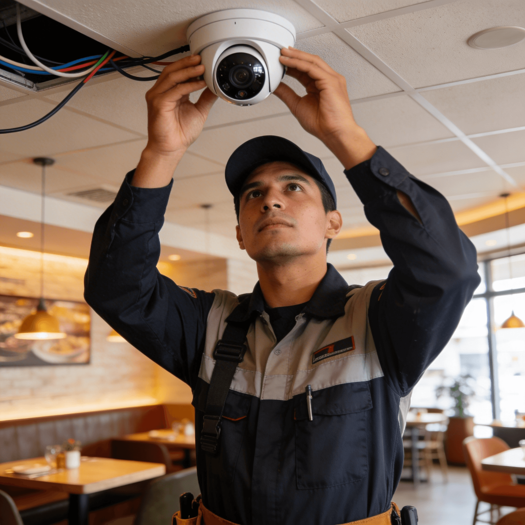 Instalación profesional de cámaras de seguridad en restaurante en CDMX