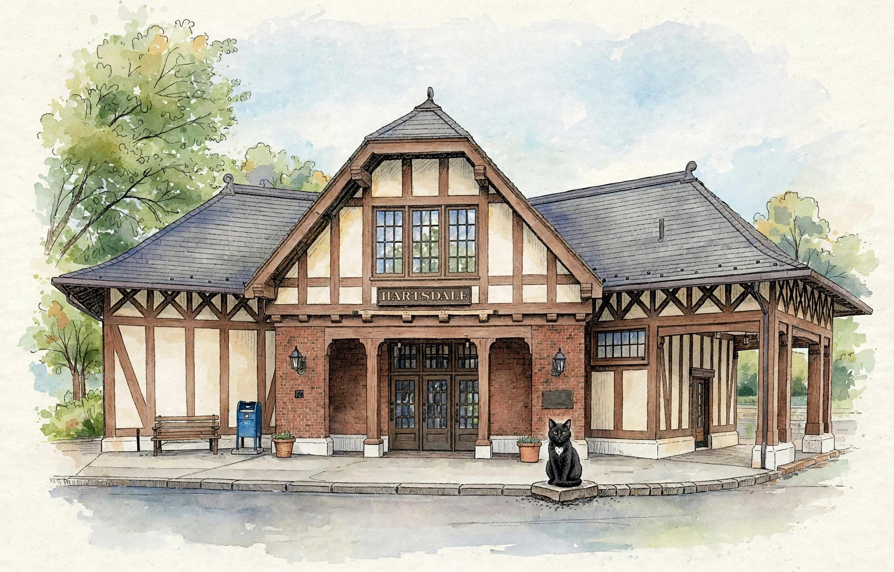 Hartsdale Station in Hartsdale NY watercolor illustration with Cash the black cat