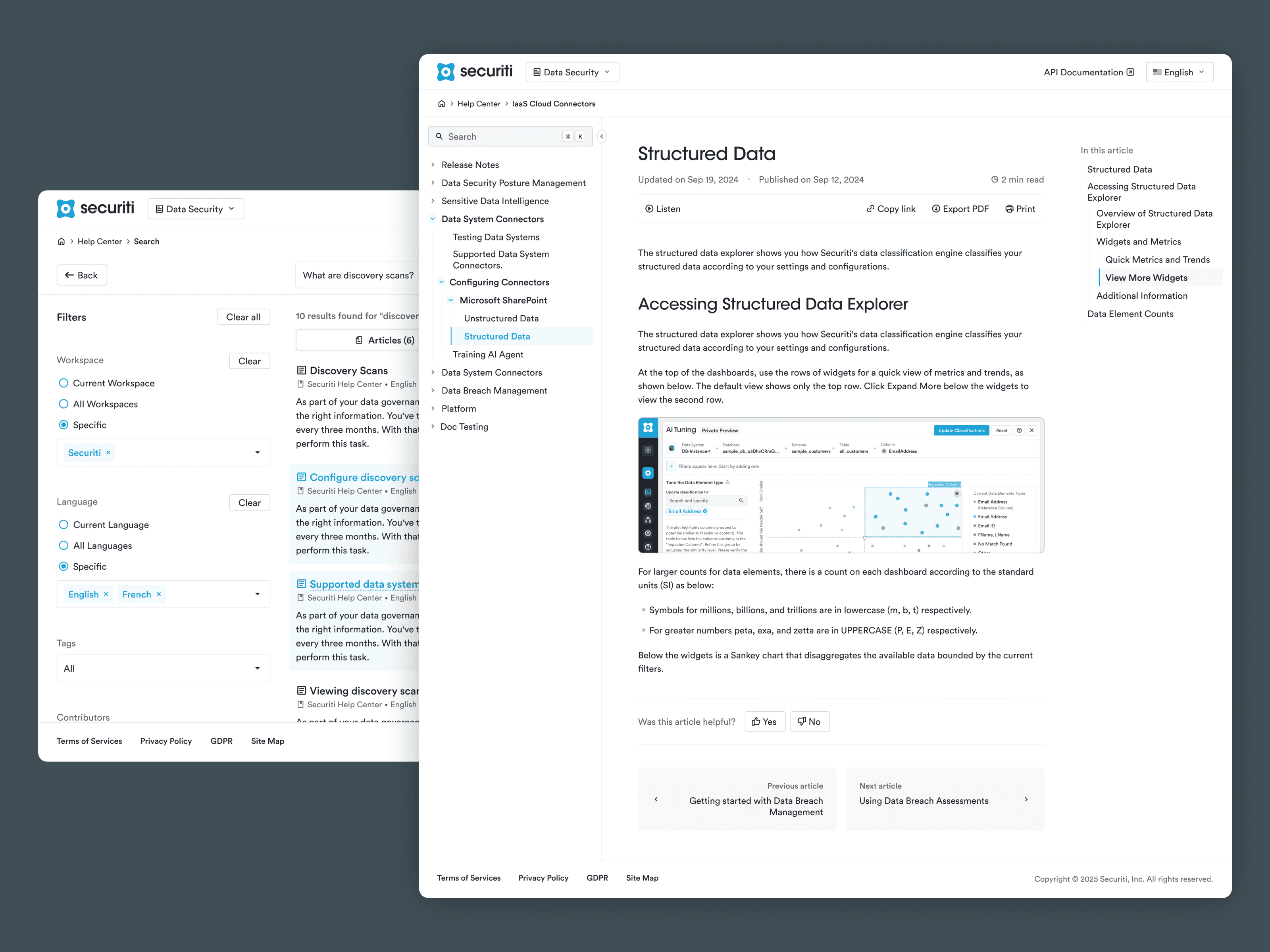 Securiti help center filtration and article detail page