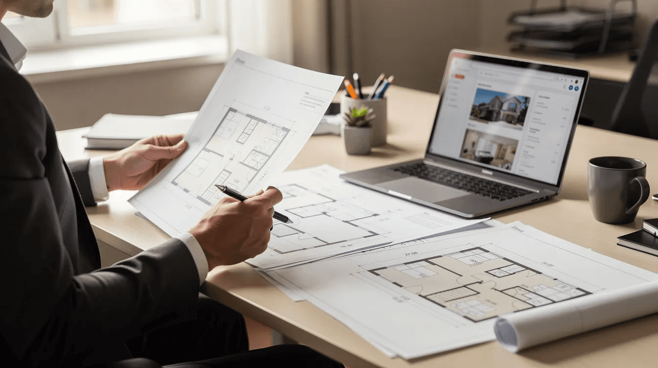A person is seated at a desk, intently reviewing documents and working on a laptop, with property blueprints spread out in front of them. This scene highlights the importance of understanding depreciation recapture tax and capital gains for property owners managing their residential rental property and investment property.
