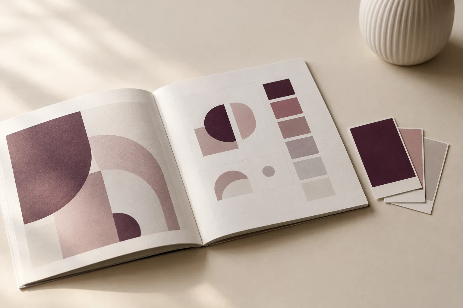 Brand identity guidelines and colour swatches laid out on a desk at a design studio in Abu Dhabi