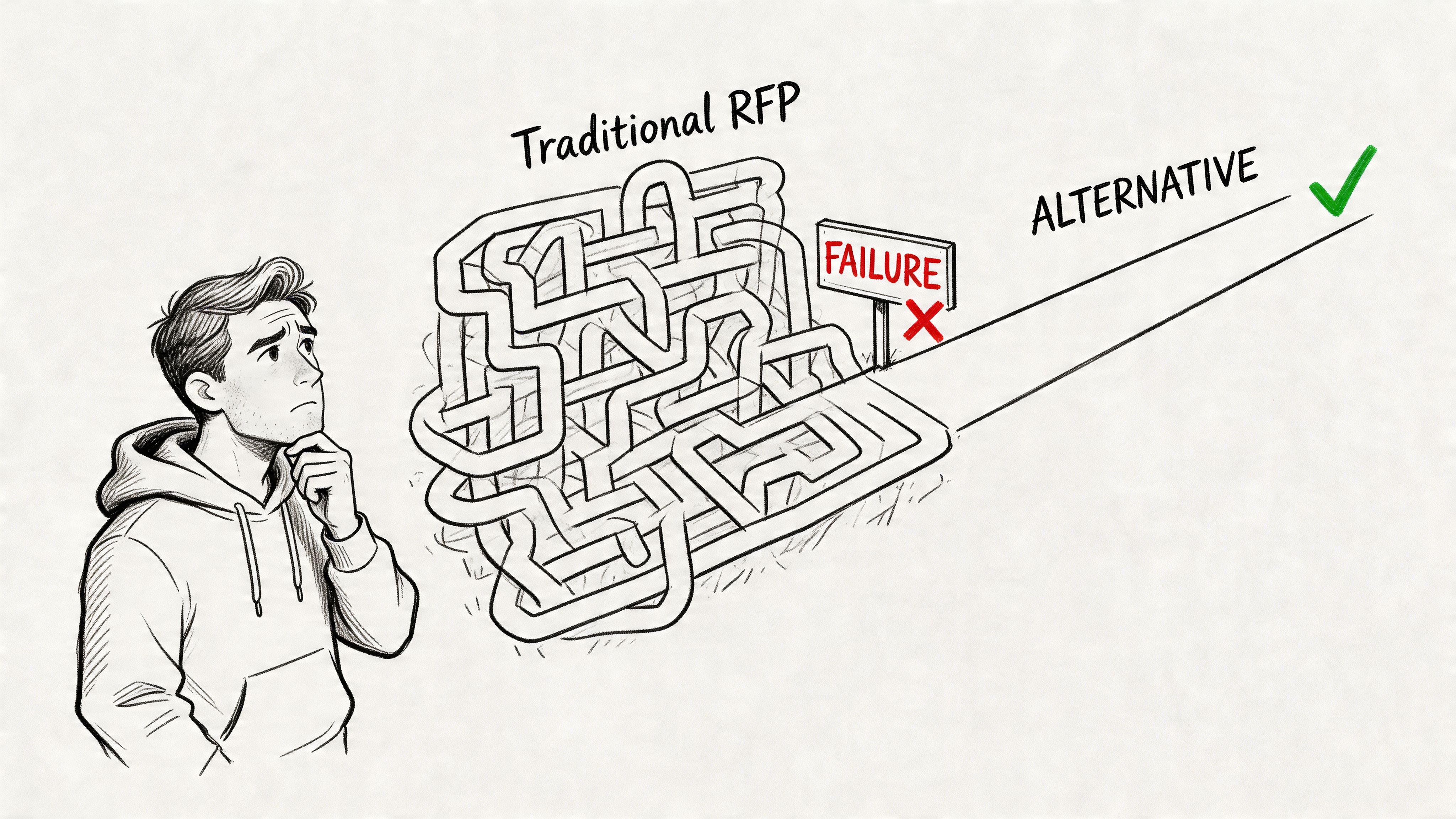 A person contemplating a complex maze labeled Traditional RFP leading to failure versus a clear alternative path.