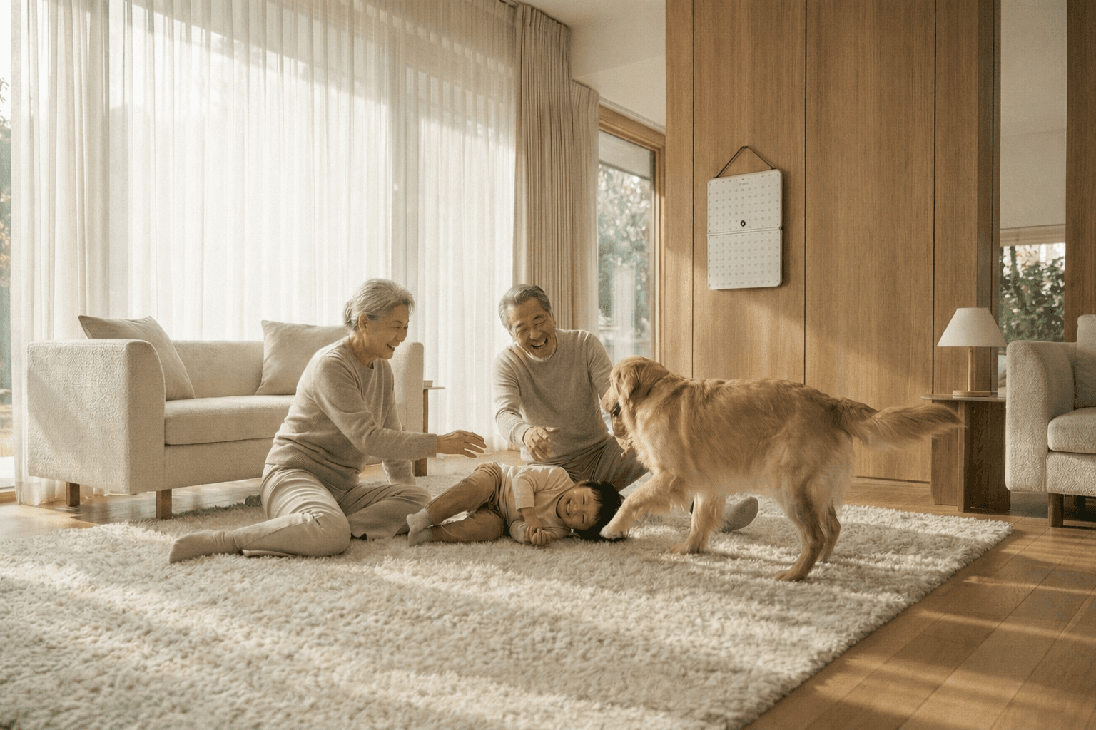 An older couple playing on the floor with a young child and a golden retriever in a bright, cozy living room with natural light