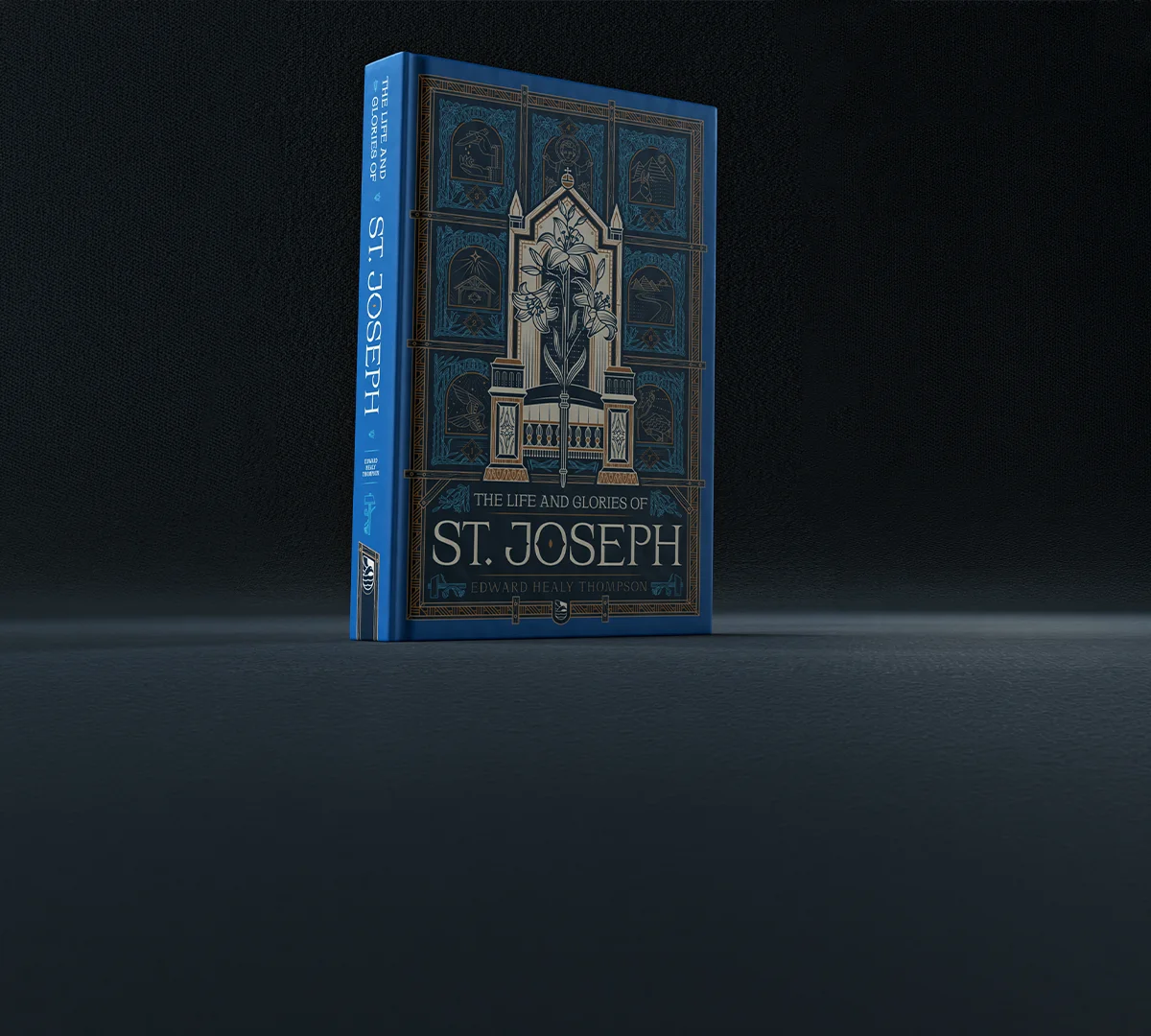 Blue book cover of The Life and Glories of St. Joseph with gold religious illustration.