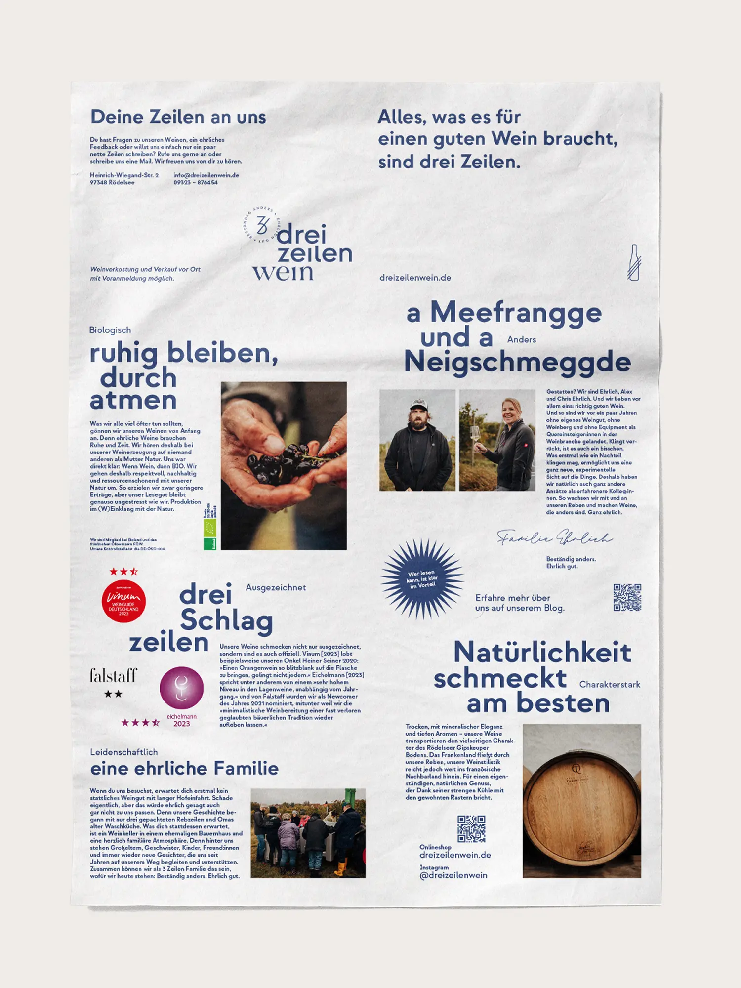 Informationsposter im Zeitungslayout mit Winzerporträts, Texten und Auszeichnungen