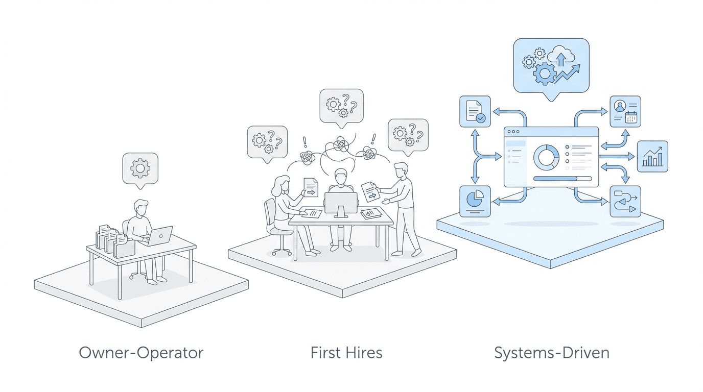 Growth stages diagram showing disability firm scaling from 150 to 600 cases
