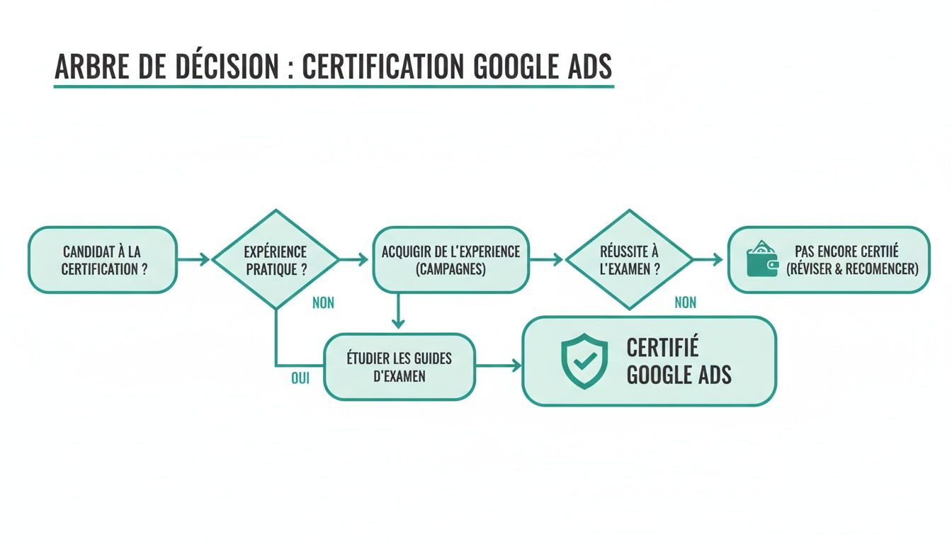 Arbre de décision pour la certification Google Ads, détaillant les étapes d'expérience et d'examen requises.