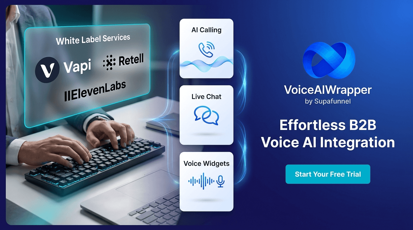Agency workspace showing white label AI calling, chat, and voice widgets via Vapi, Retell, ElevenLabs with Stripe billing and 100% margin retention | VoiceAIWrapper.