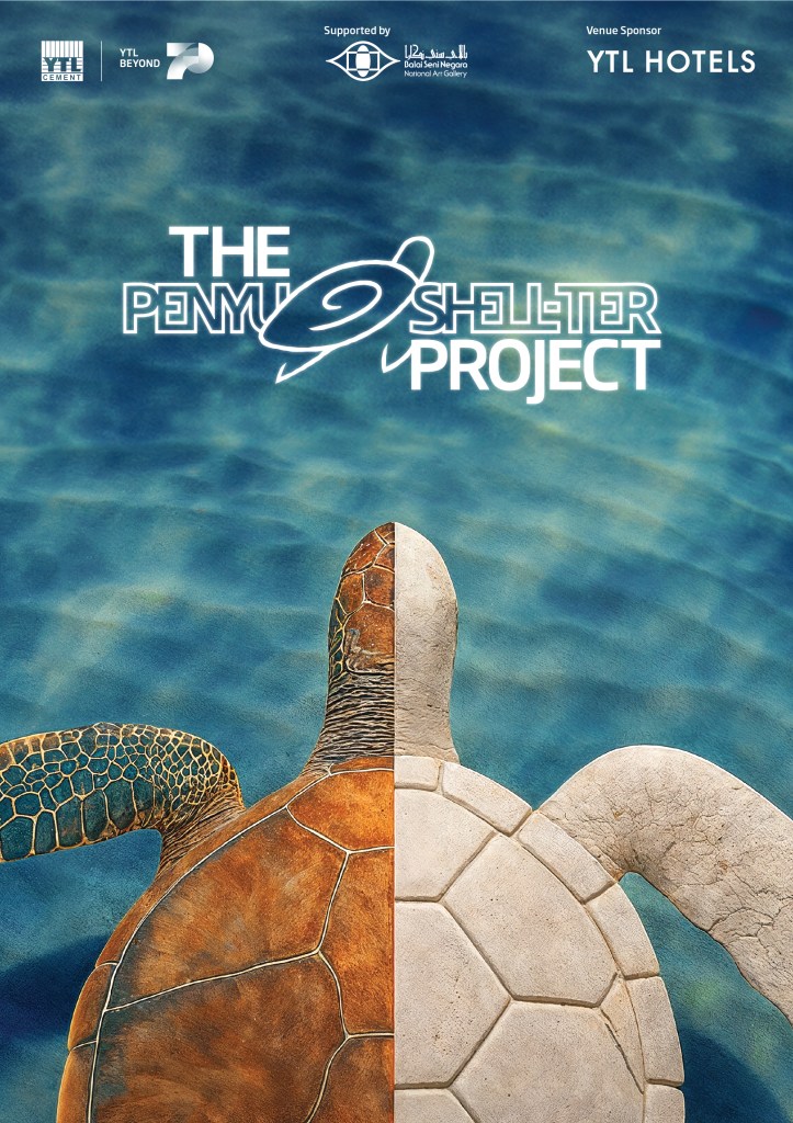 A promotional image for The Penyu Shell-ter Project featuring two turtle halves on a blue water background. The left half shows a textured turtle shell, while the right half is a lighter, smoother depiction.