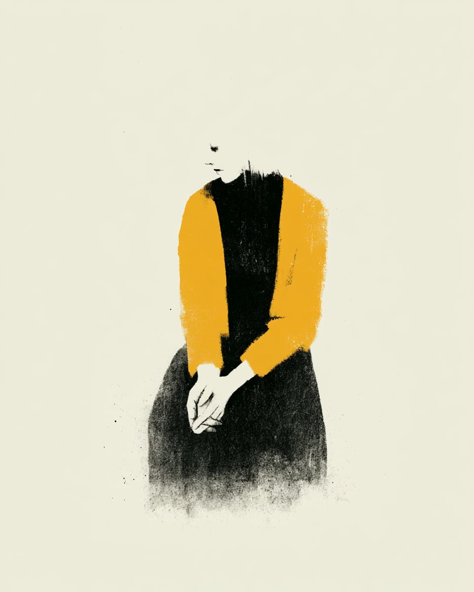 Illustration einer Frau in Schwarz und Gelb. Minimalistisches Kunstwerk, sitzend.
