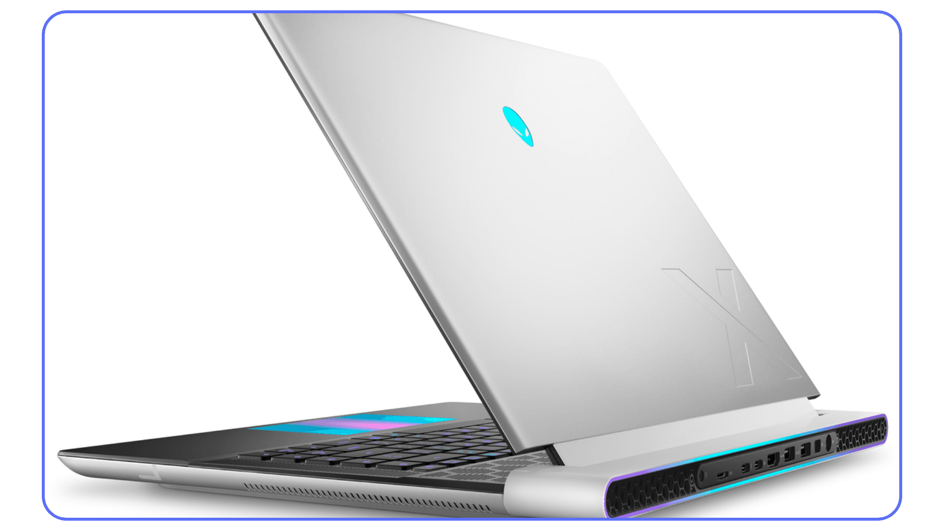 Alienware X-series gaming laptop rear view – futuristic silver Alienware laptop partially open, highlighting rear cooling vents and glowing logo.