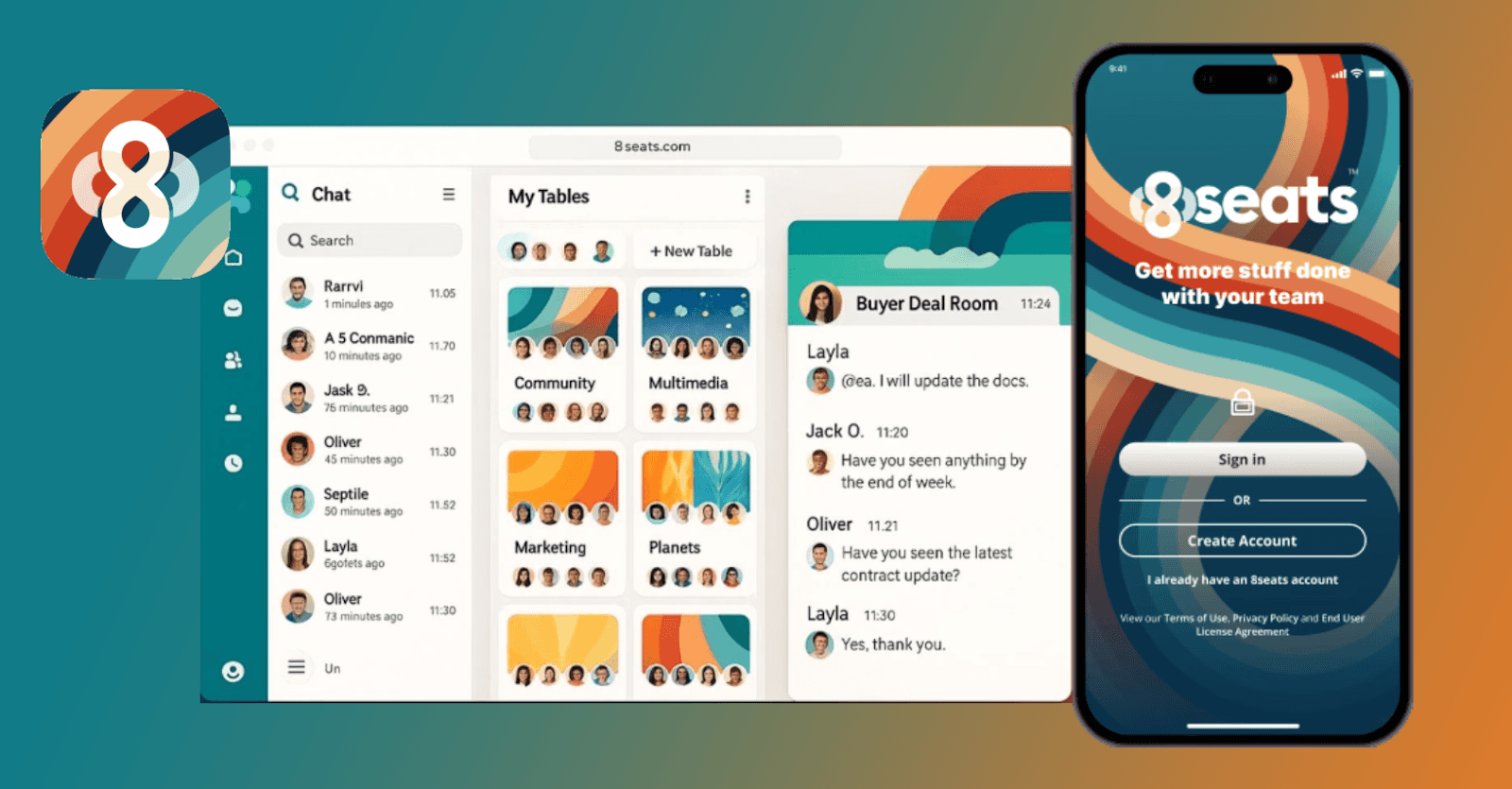 8 seats application. Mobile phone showing 8 seats app.