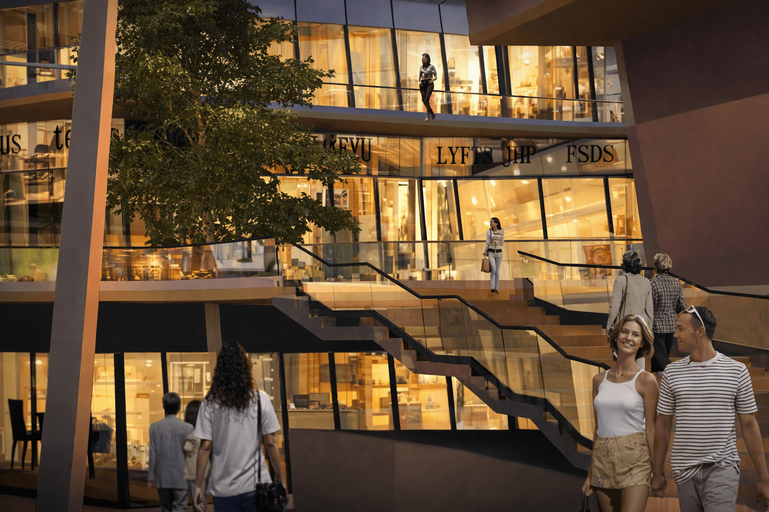 Vibrant commercial shopping complex featuring international retail brands and glass facades