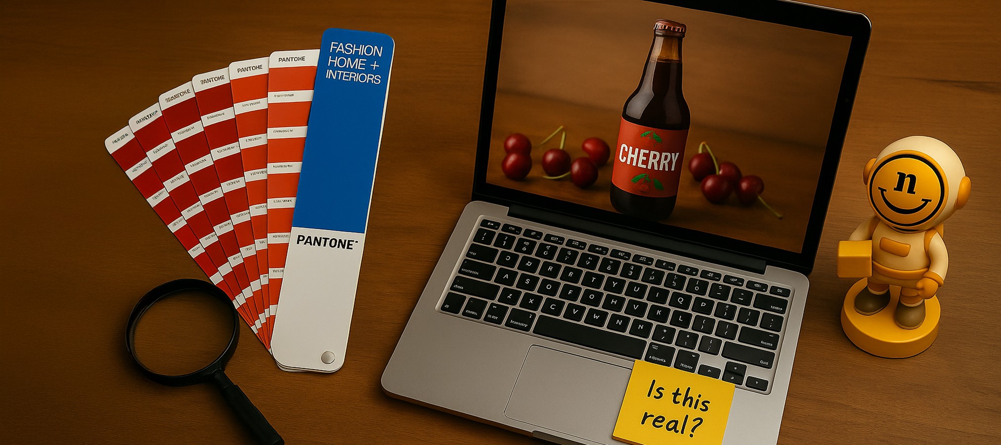 Laptop displaying a realistic product render beside Pantone color guides and a Neato character, questioning whether the image is real or AI-generated
