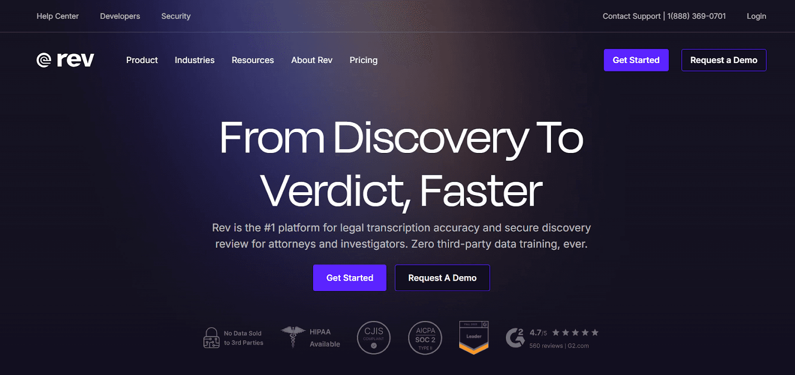 Rev transcription service homepage highlighting fast audio-to-text transcription and speech recognition solutions for businesses.
