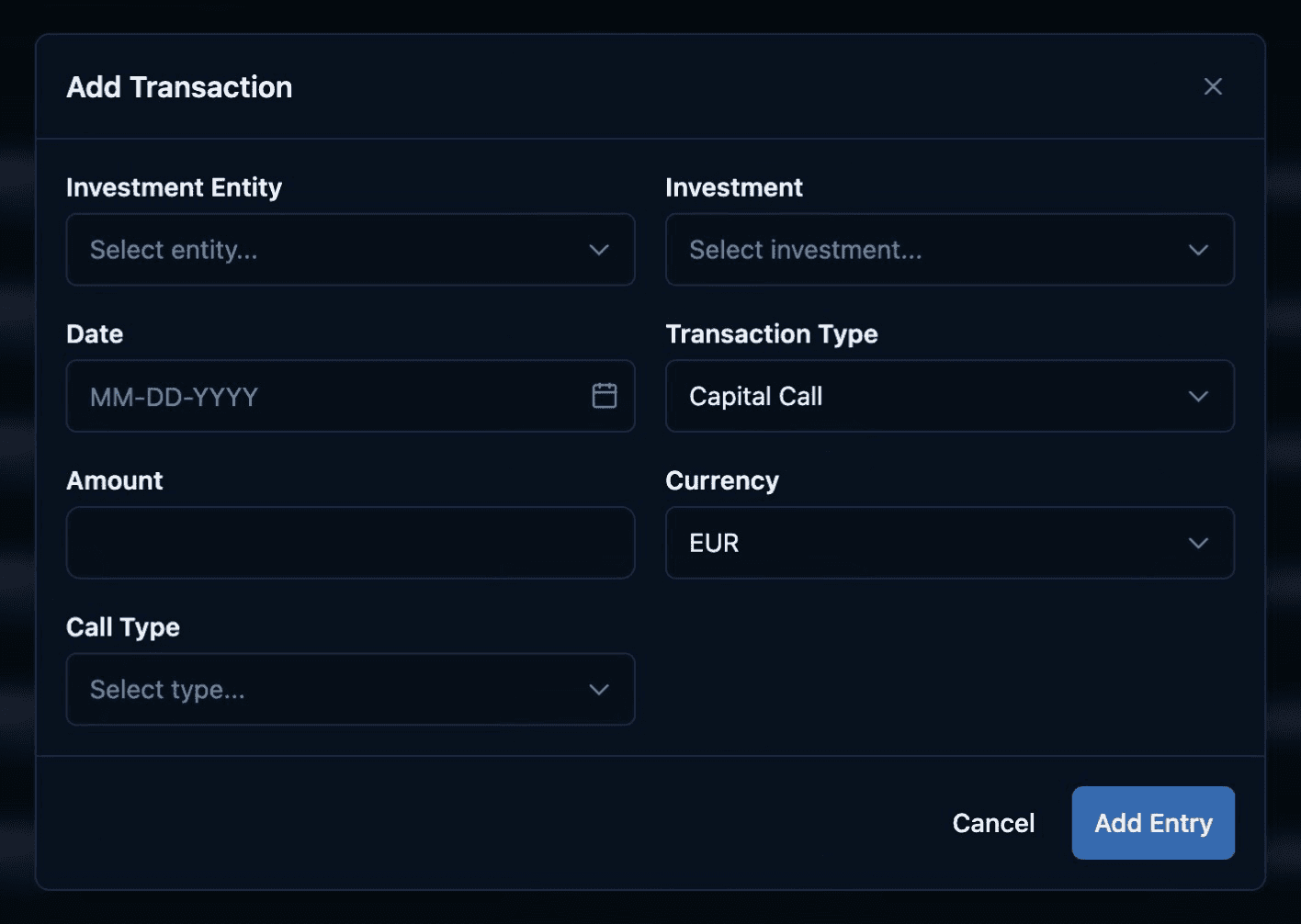 Add Transaction form with EUR currency selected