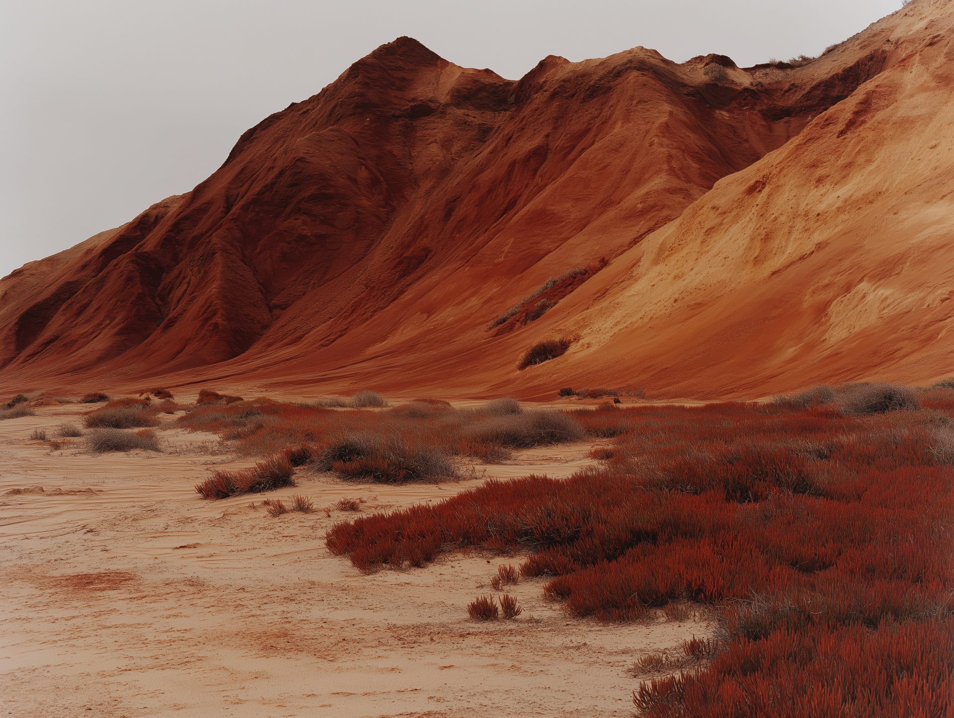 Vibrant red desert landscape with striking mountain formations