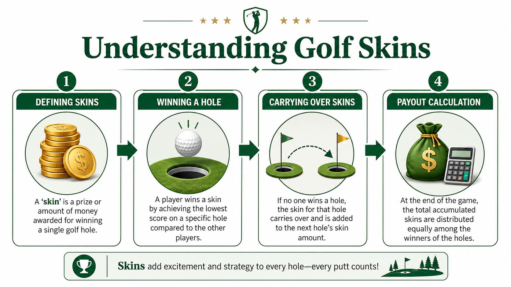 An infographic titled Understanding Golf Skins explaining the rules of winning, carrying over, and calculating payouts.