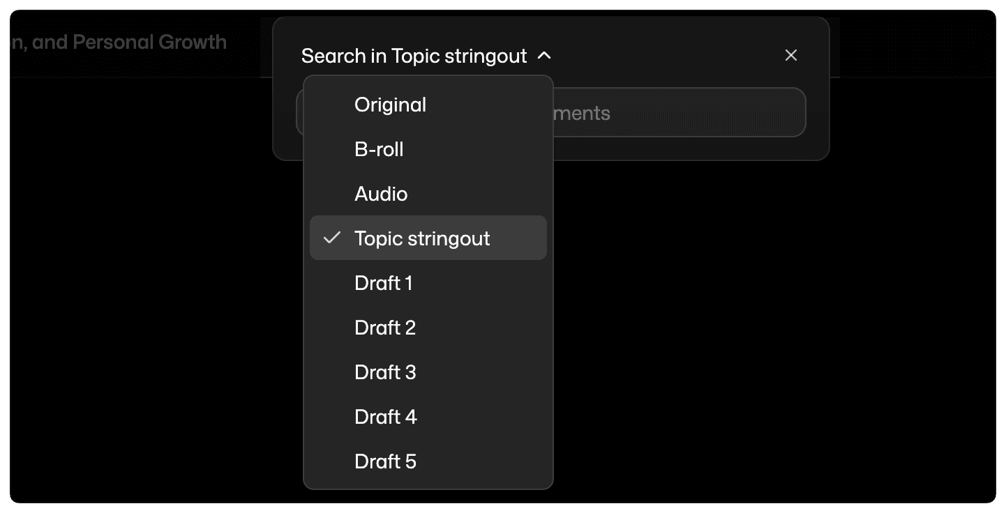 search in topic stringout selects ui for ai video editing