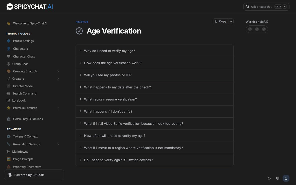 SpicyChat’s age-verification documentation, October 2026.