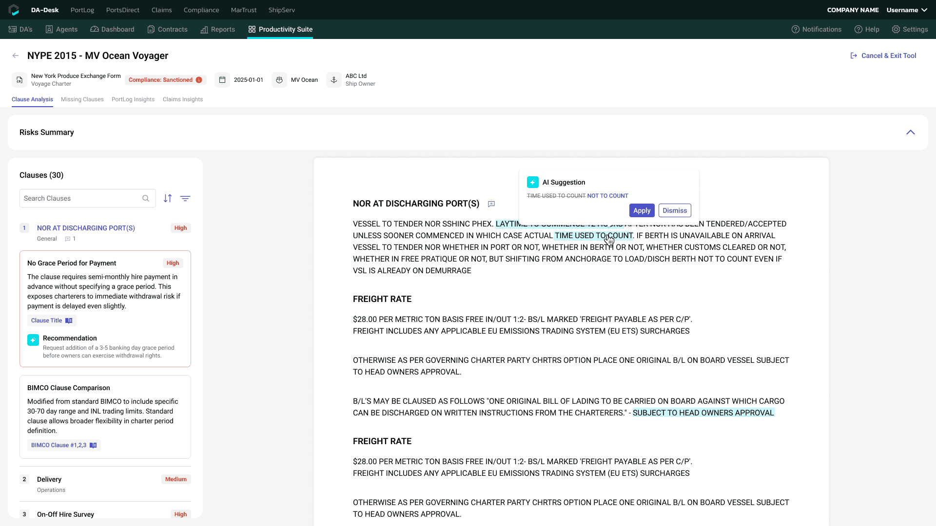 DA-Desk Productivity Suite clause analysis listing high-risk charter party clauses, with an AI suggestion on the contract text