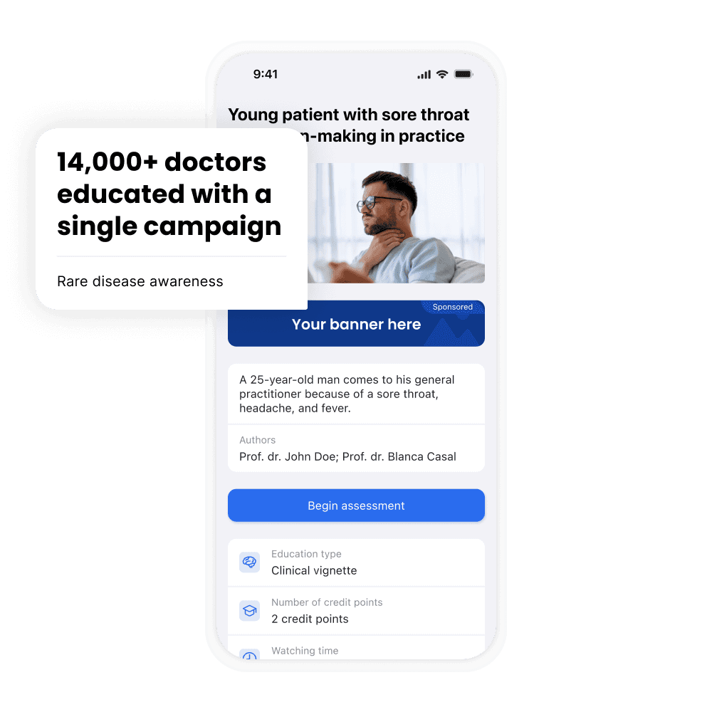 Mediately clinical education screen for a sore throat case study, with a "14,000+ doctors educated with a single campaign" callout for a rare disease awareness campaign