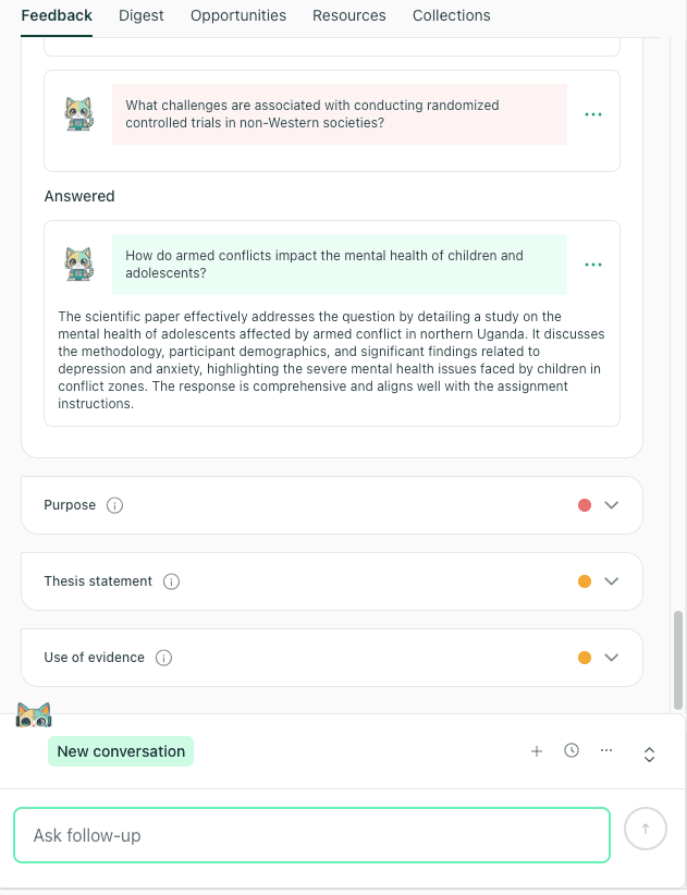 thesify feedback synthesizing findings on how armed conflicts impact the mental health of children, discussing depression, anxiety, and severe issues in conflict zones.