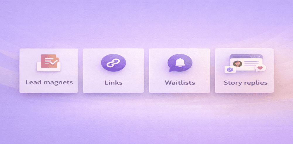 Use-case banner showing creator-focused Instagram DM automation for lead magnets, links, waitlists, and story replies
