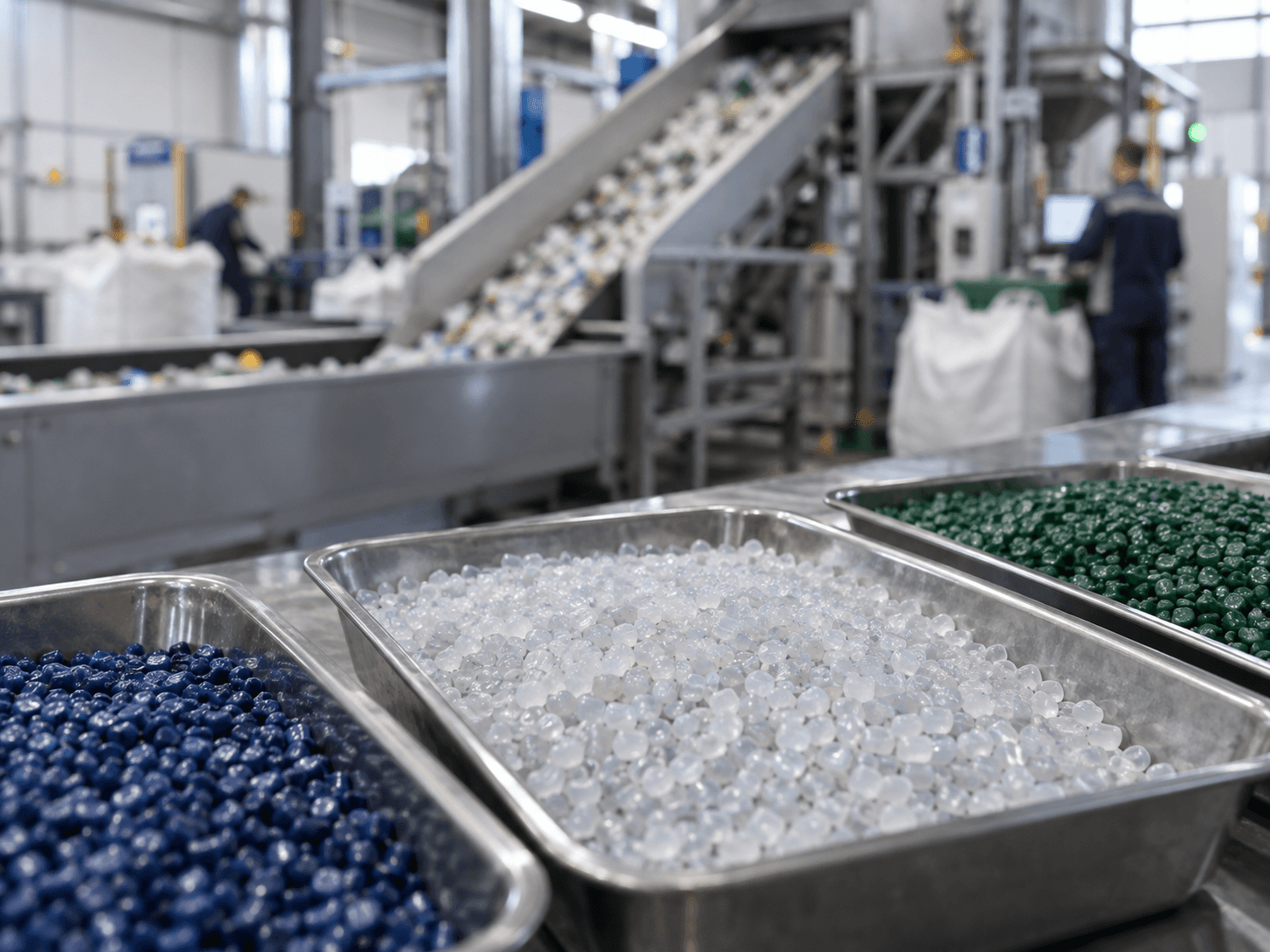 Gránulos de plástico reciclado y muestras de material junto a una línea industrial de clasificación.