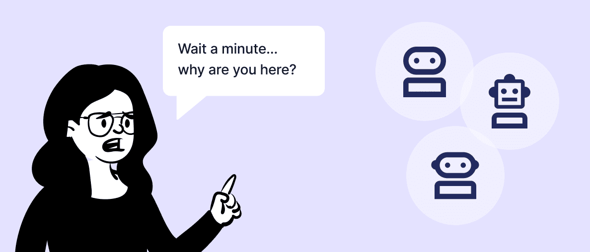 Illustration of a woman with glasses and long hair asking a bunch of AI bots why they are there. 