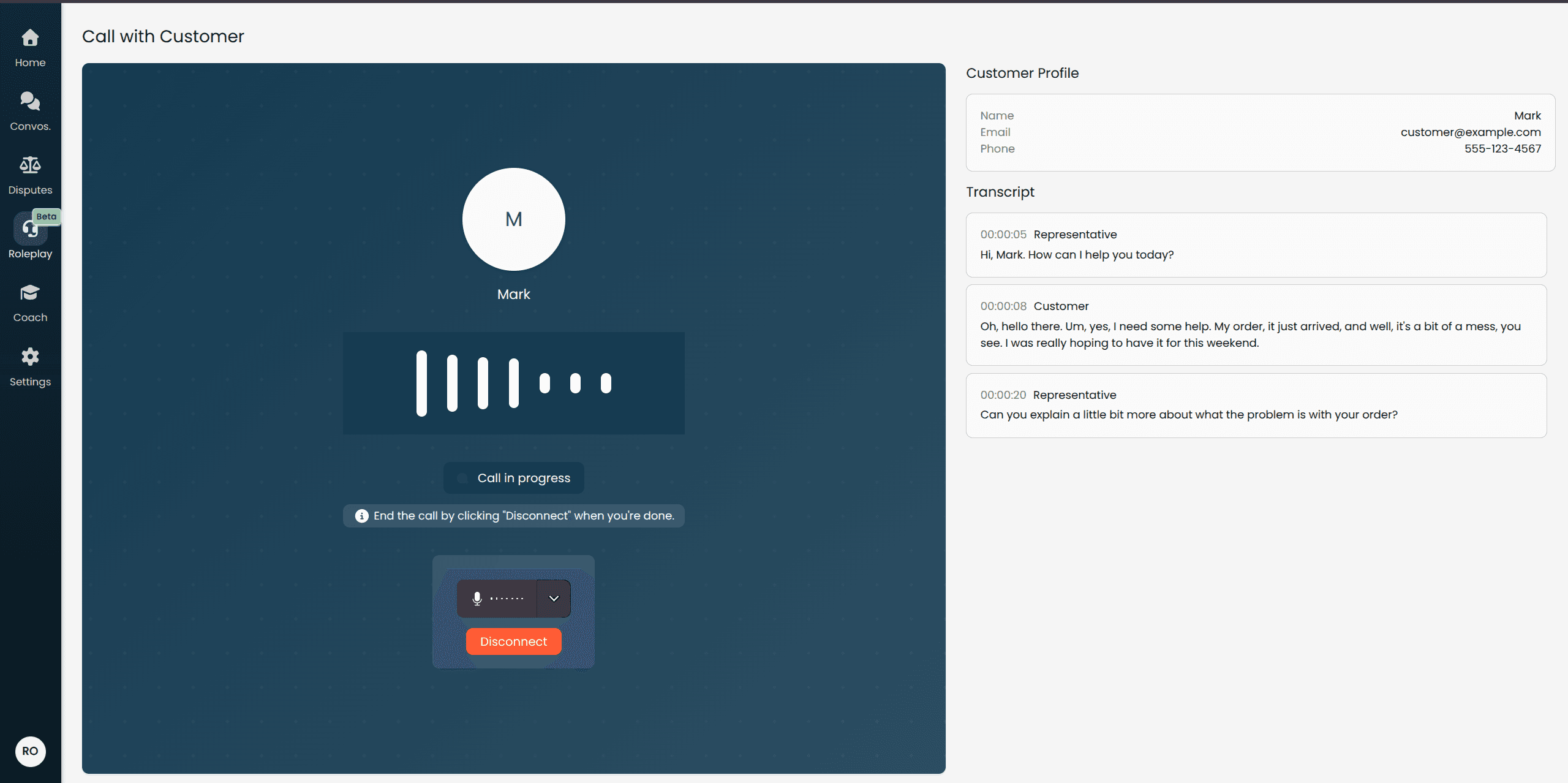  Screenshot of the active voice roleplay interface, showing the audio controls (microphone toggle, end call button) and any on-screen indicators showing when the AI is speaking vs. listening.