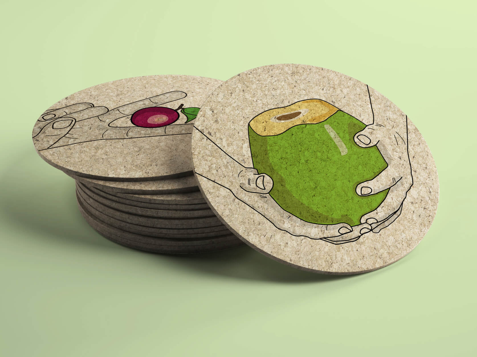 Image of coasters with Harmless Harvest artwork on it.