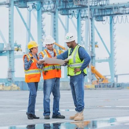 Freight brokerage team reviewing worker documents at a logistics facility