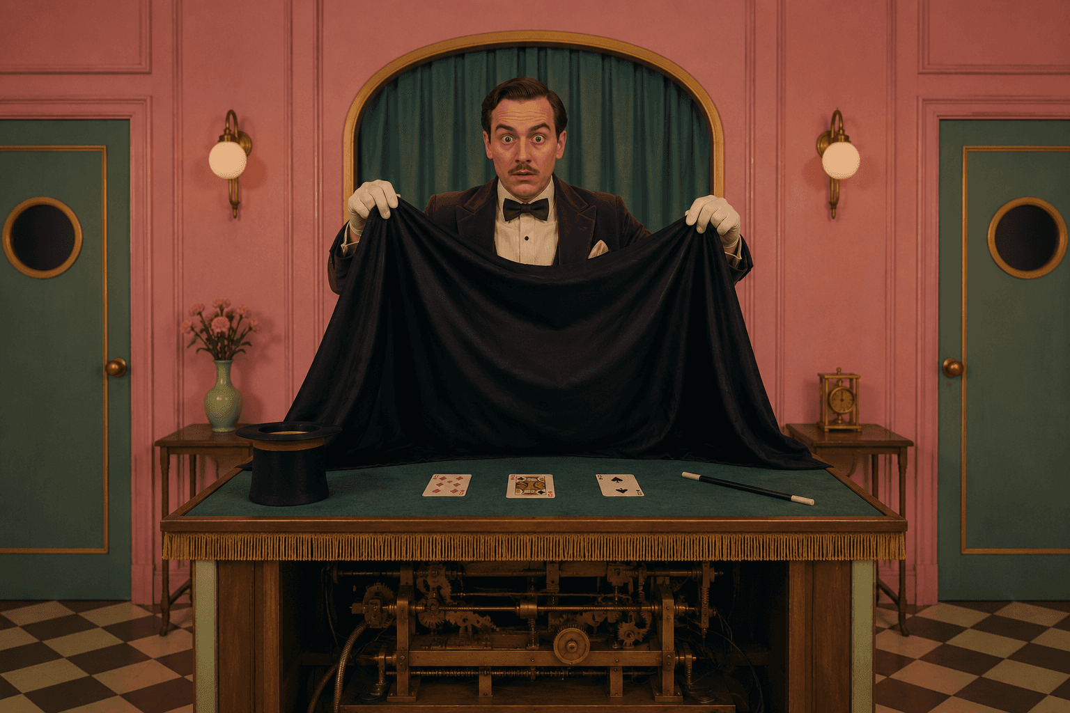 Magician accidentally revealing the hidden mechanism behind a failed trick, symbolizing how flicker exposes an A/B test variant too early.