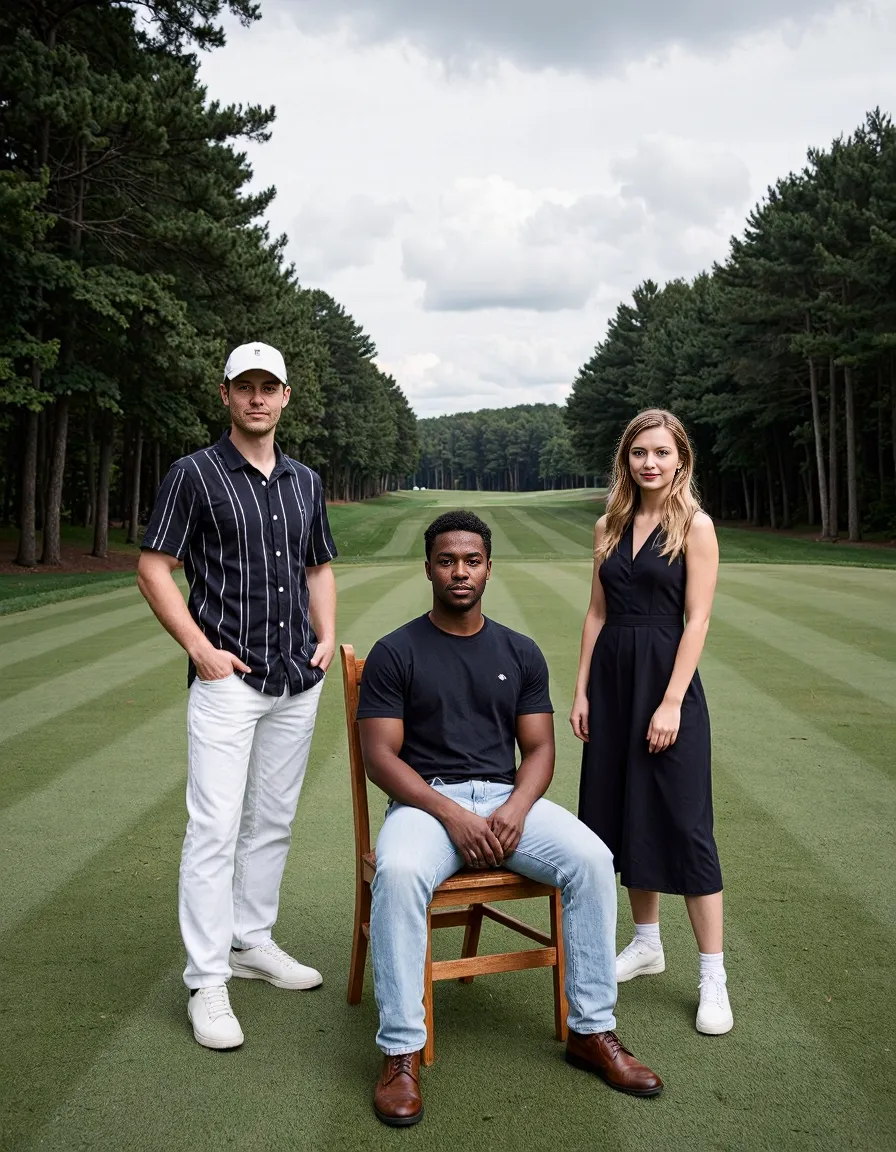 Fashion portrait on golf course fairway with three models in stylish casual attire, framed by tall pine trees under cloudy sky