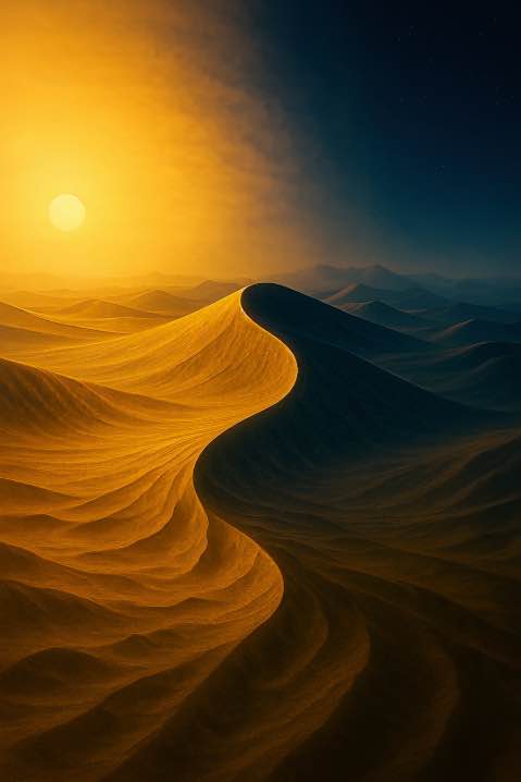 Golden sand dunes under the rising sun — symbol of clarity, transformation, and the path toward purpose.