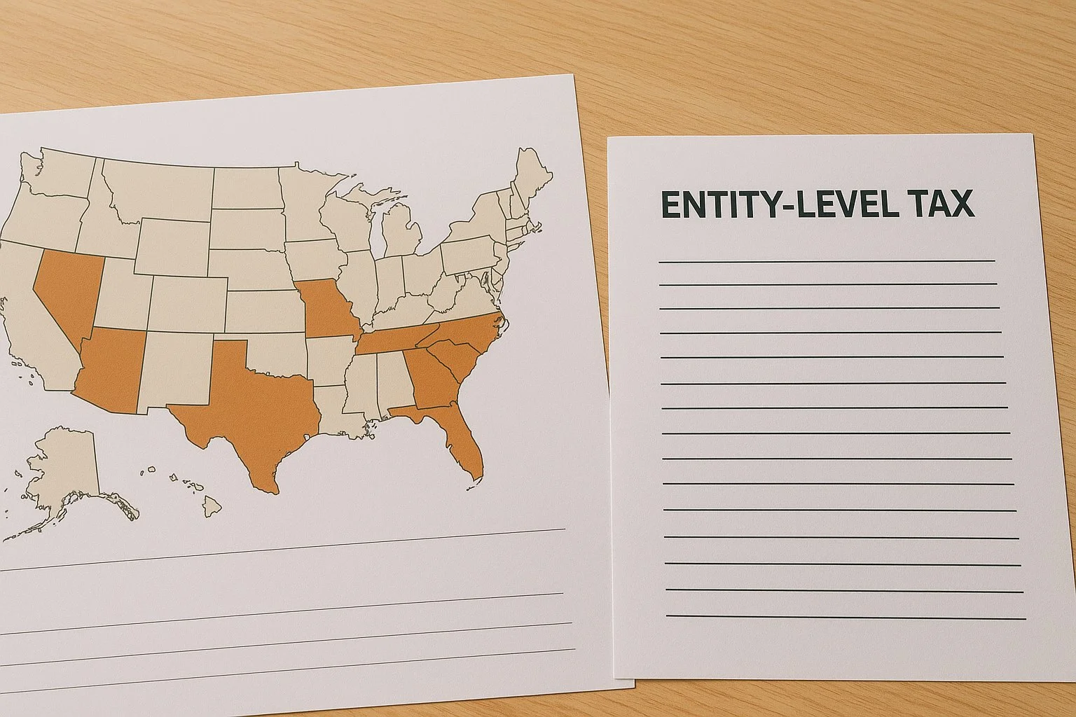 U.S. map with several states highlighted, next to documents labeled “PTE Election” and “Entity-Level Tax,” representing state tax filings for pass-through entities.