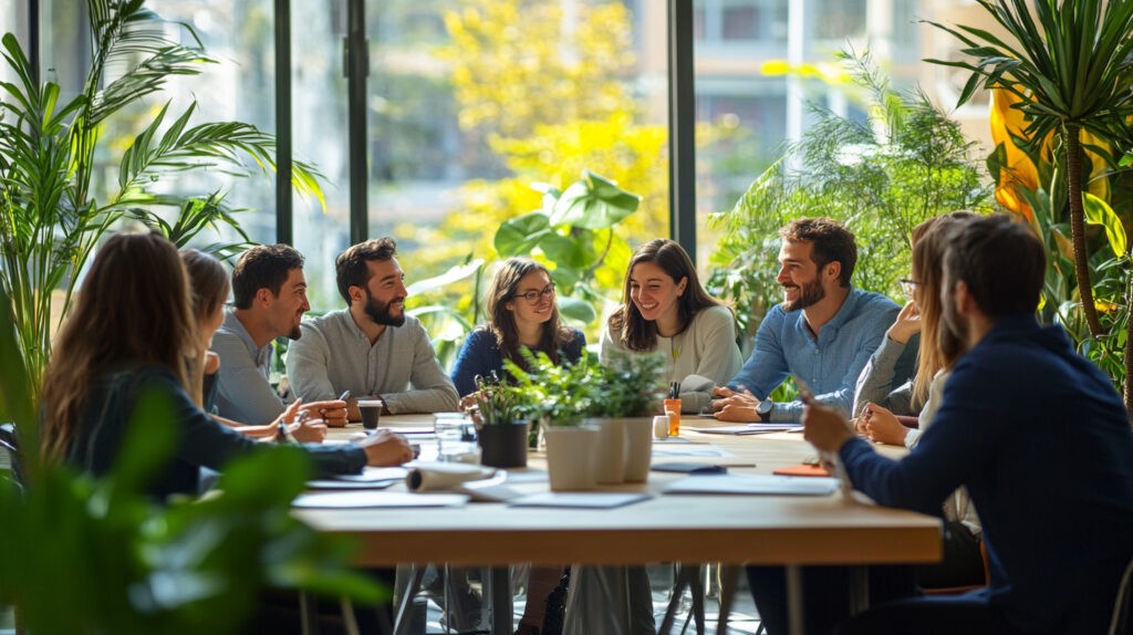 A diverse group of professionals engaged in a lively discussion around a large table in a bright, plant-filled meeting room. Their interaction highlights the importance of teamwork and collaboration in a sleep-friendly work environment, which can significantly enhance productivity and overall workplace morale.