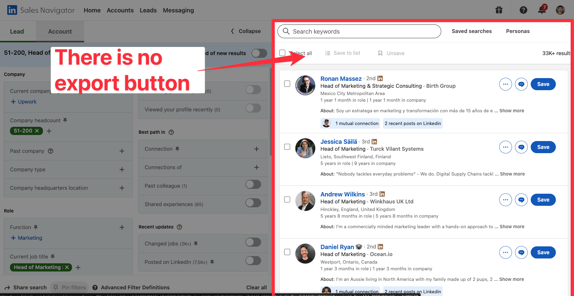 No export leads button on LinkedIn Sales Navigator