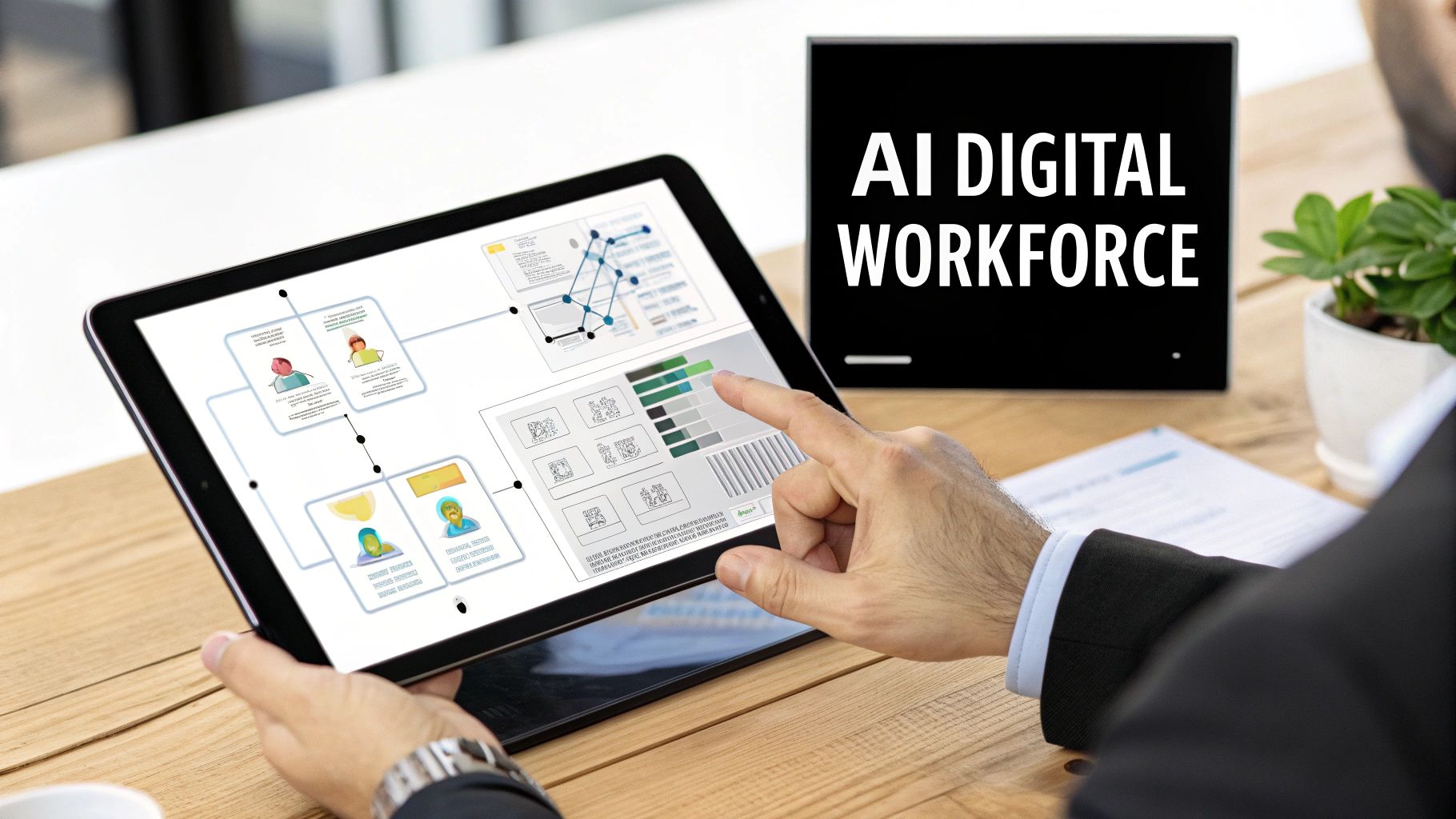 A businessman interacts with a tablet displaying data analytics and diagrams, next to an AI DIGITAL WORKFORCE sign.