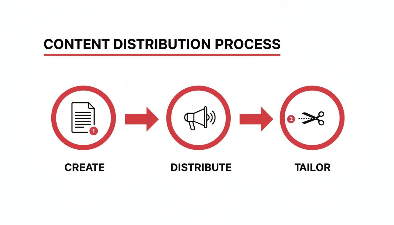 A diagram shows a content distribution process: create, distribute, and tailor content effectively.