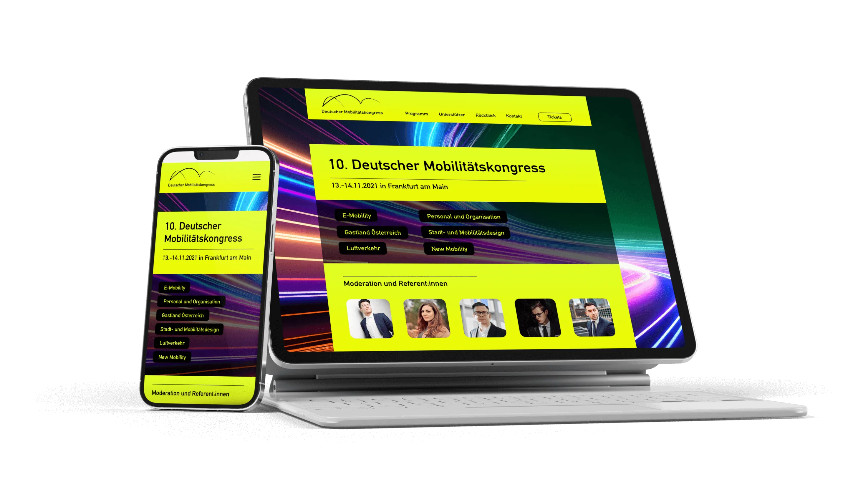 Das knallige Webdesign für den Fachkongress wie es auf dem Notebook und Handy wirkt.