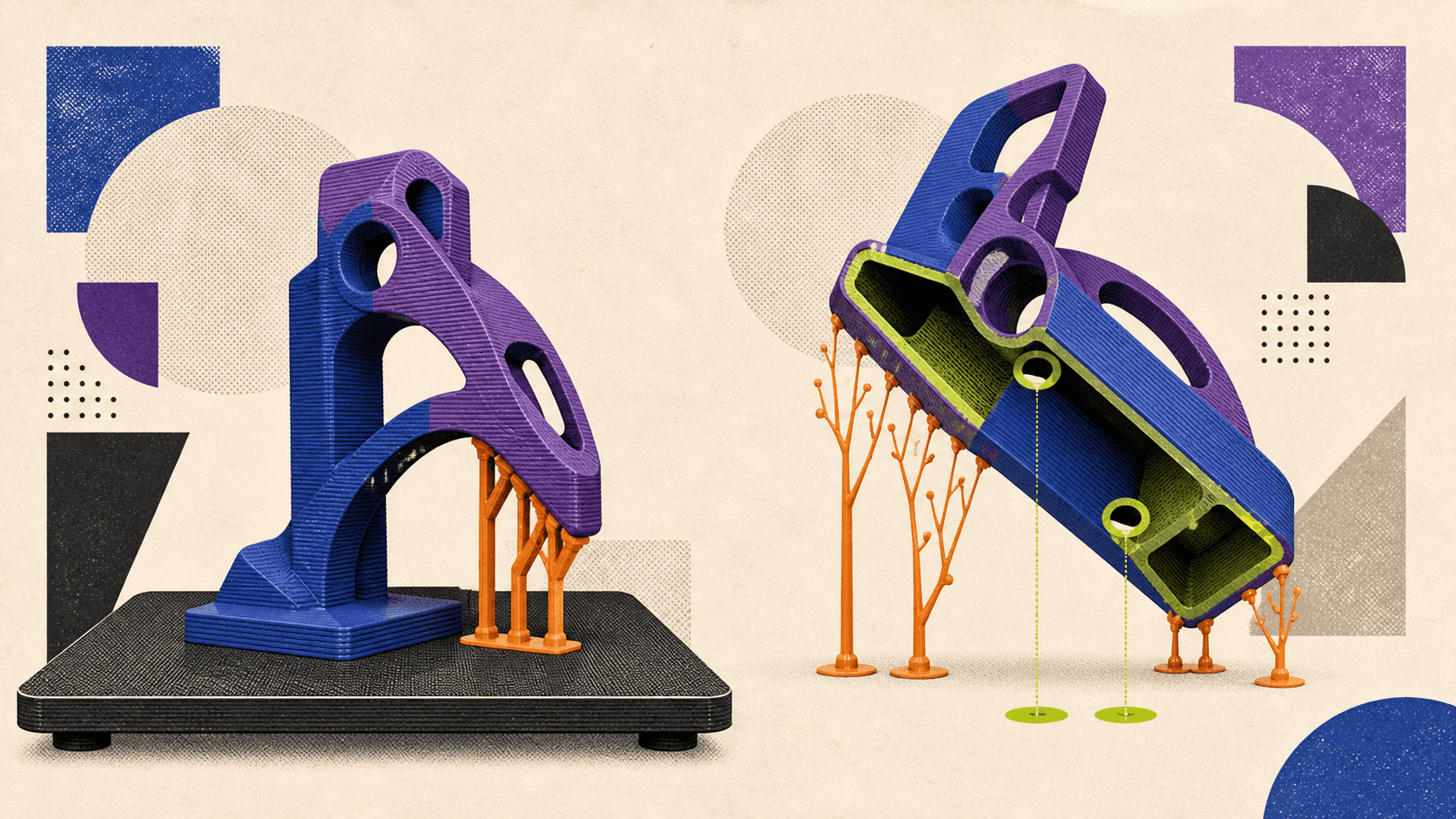 The same model prepared flat with supports for FDM printing and tilted with a hollow interior and drainage holes for resin printing.