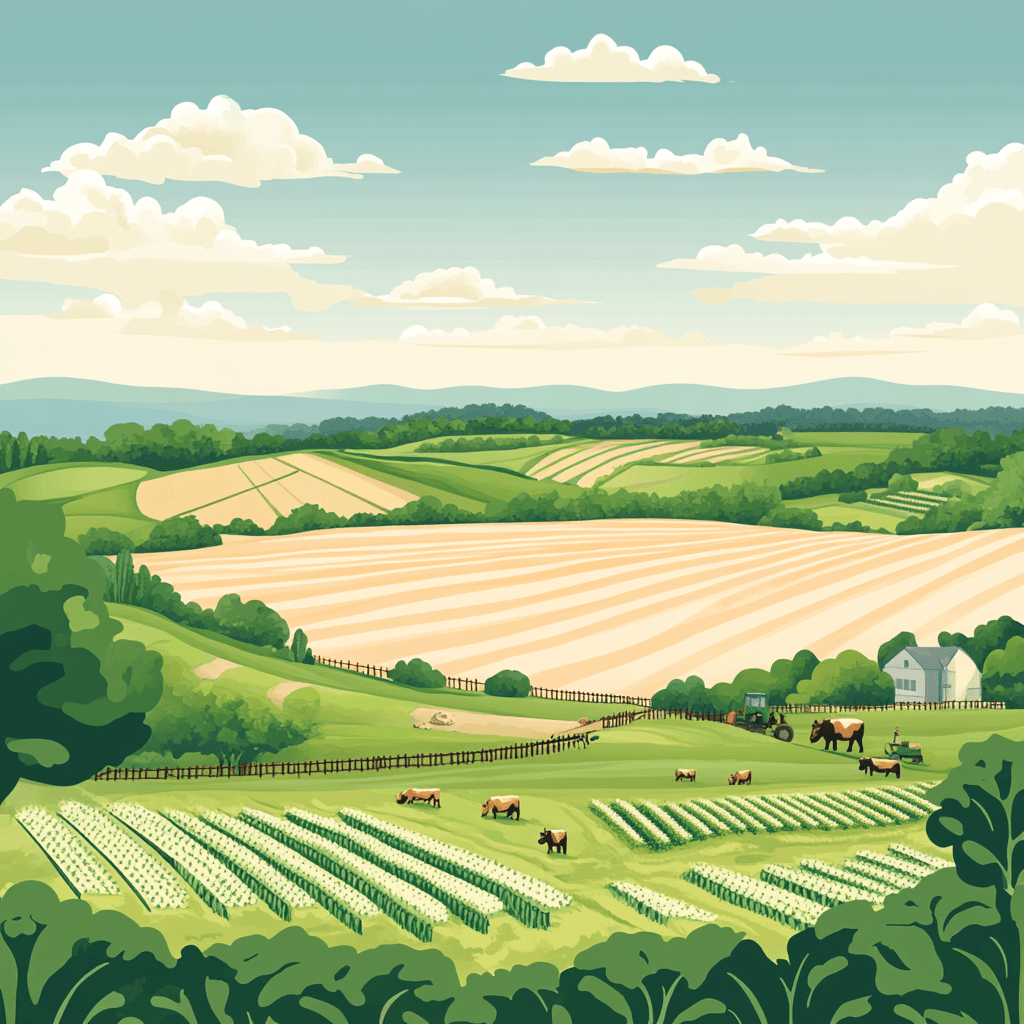 Field without planting, only with the land prepared for agriculture. Open field with animals and farmers around