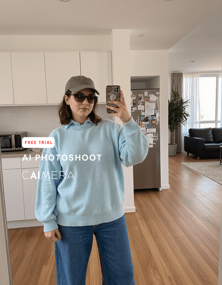 Mirror selfie in a bright modern apartment featuring light blue oversized sweater, green cap and jeans with minimalist kitchen visible