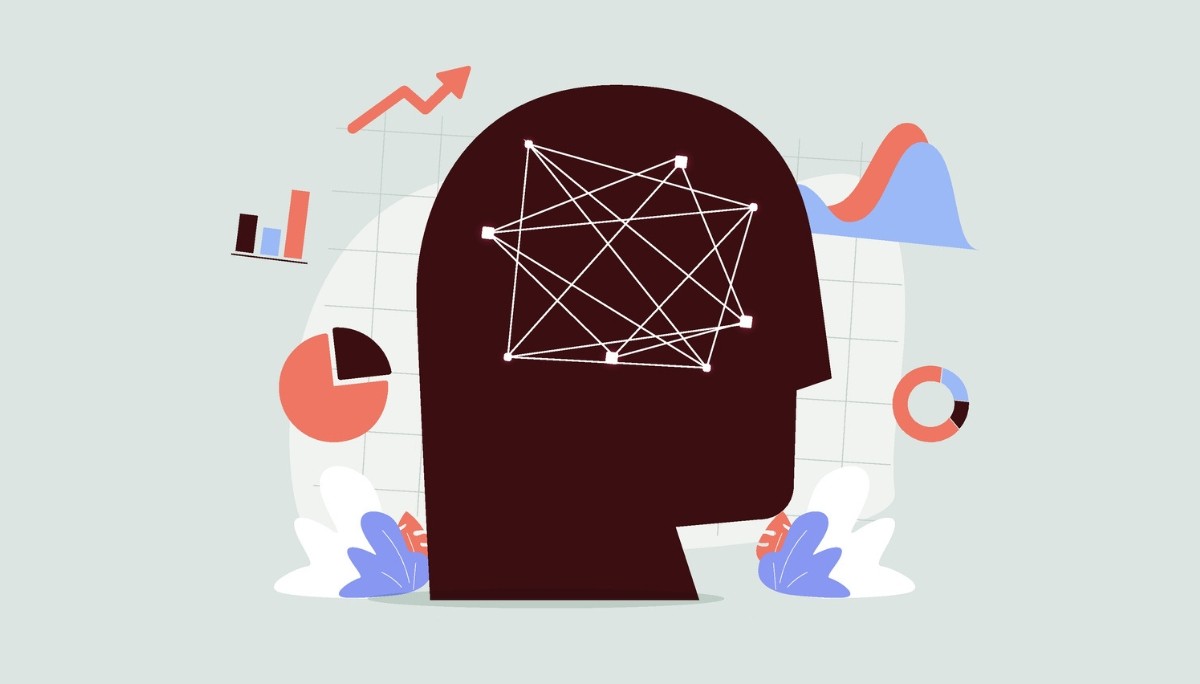 Illustration of a human head silhouette filled with neural network nodes, surrounded by charts and data icons—symbolizing the intersection of AI innovation, data-driven culture, and career opportunities at OpenAI.